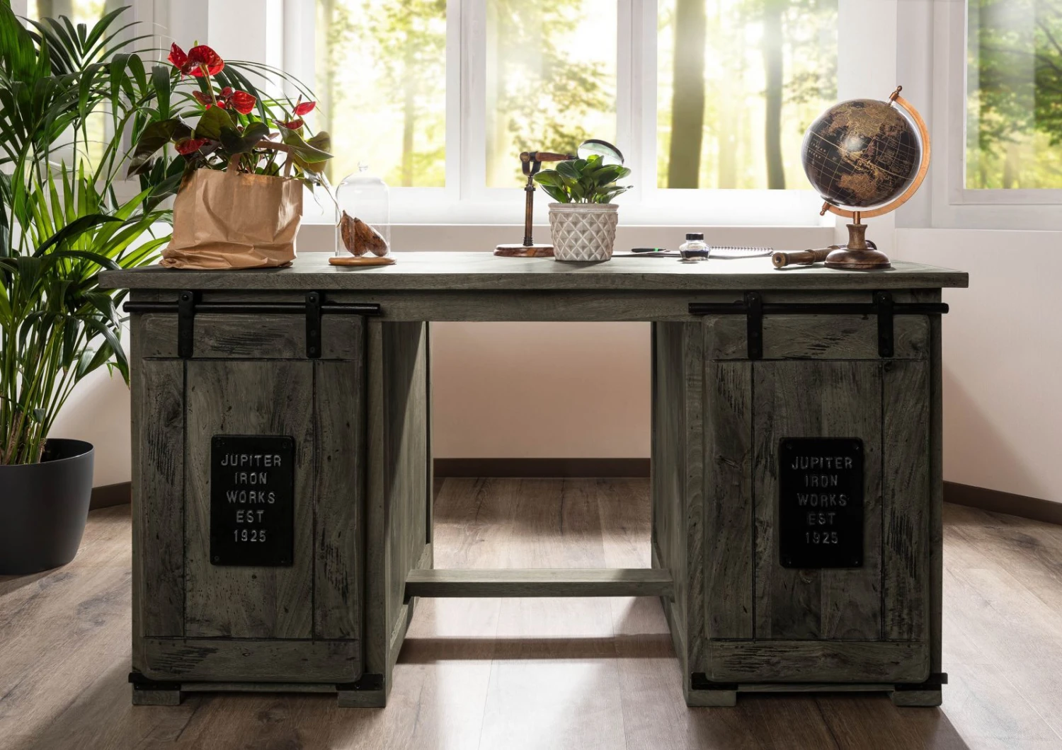 Scrivania In Legno Di Mango 140x80x76 Grigio Scuro Laccato RAILWAY 6 Scrivania In Legno Di Mango 140x80x76 Grigio Scuro Laccato RAILWAY - immagine 4