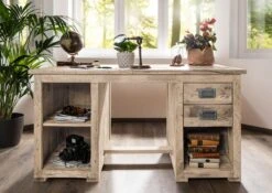 Scrivania In Legno Di Mango 140x80x76 Sbiancato Laccato RAILWAY -Massivmoebel24 09 360 772 2061 3