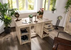 Scrivania In Legno Di Mango 140x80x76 Sbiancato Laccato RAILWAY -Massivmoebel24 09 360 772 2061 5