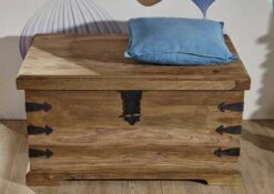 LEEDS #33 Cassapanca In Legno Di Sheesham - Oliato / Grigio 90x47x50 -Massivmoebel24 09 370 750 0745 2