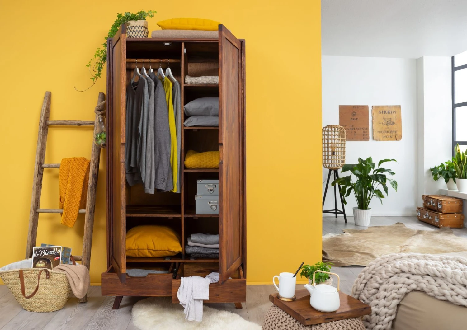 MALMÖ 2 #100 Armadio In Legno Di Sheesham - Laccato / Noce 90x45x180 6 MALMÖ 2 #100 Armadio In Legno Di Sheesham - Laccato / Noce 90x45x180 - immagine 4