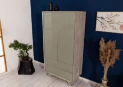 TROMSO #002 Armadio In Legno Di Acacia E Vetro - Laccato / Crema 90x50x175 -Massivmoebel24 09 612 697 1002 2