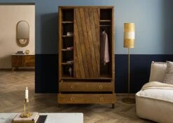 Armadio In Legno Di Mango 100x60x80 Oliato Marrone / Maniglia Color Oroe LOS ANGELES #111 -Massivmoebel24 09 612 891 0111 03