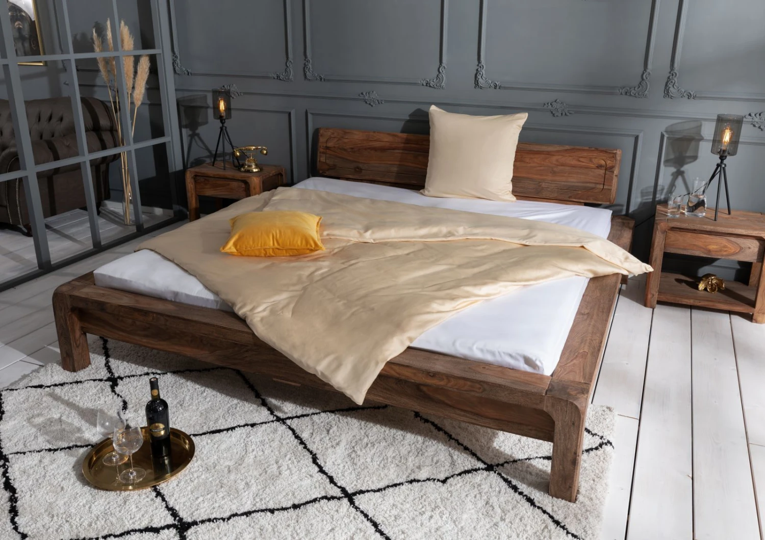 BUENO #013 Letto Matrimoniale In Legno Di Sheesham - Oliato / Grigio 140x200 4 BUENO #013 Letto Matrimoniale In Legno Di Sheesham - Oliato / Grigio 140x200 - immagine 2