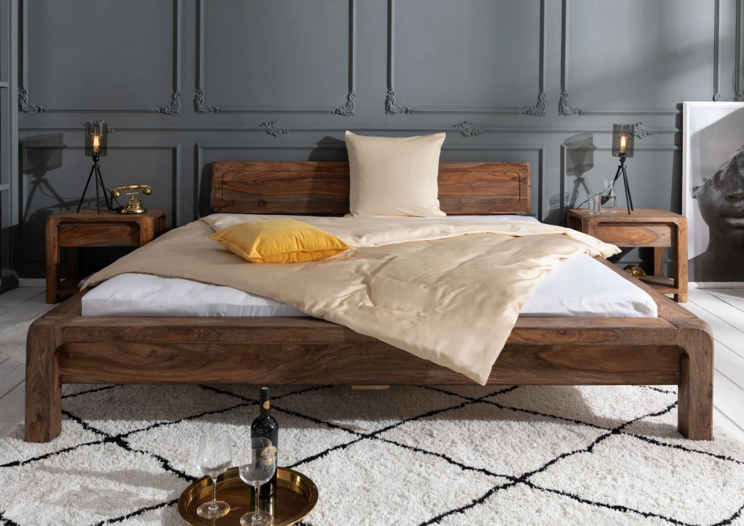 BUENO #013 Letto Matrimoniale In Legno Di Sheesham - Oliato / Grigio 140x200 5 BUENO #013 Letto Matrimoniale In Legno Di Sheesham - Oliato / Grigio 140x200 - immagine 3
