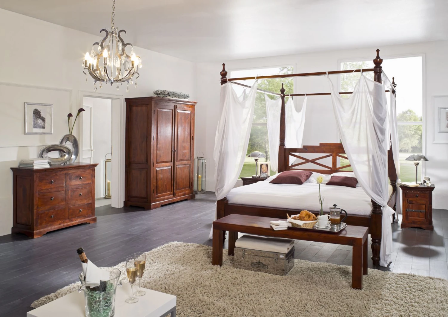 Letto A Baldacchino In Legno Di Acacia 187x221 Nougat Laccato OXFORD #246 3 Letto A Baldacchino In Legno Di Acacia 187x221 Nougat Laccato OXFORD #246 - immagine 2