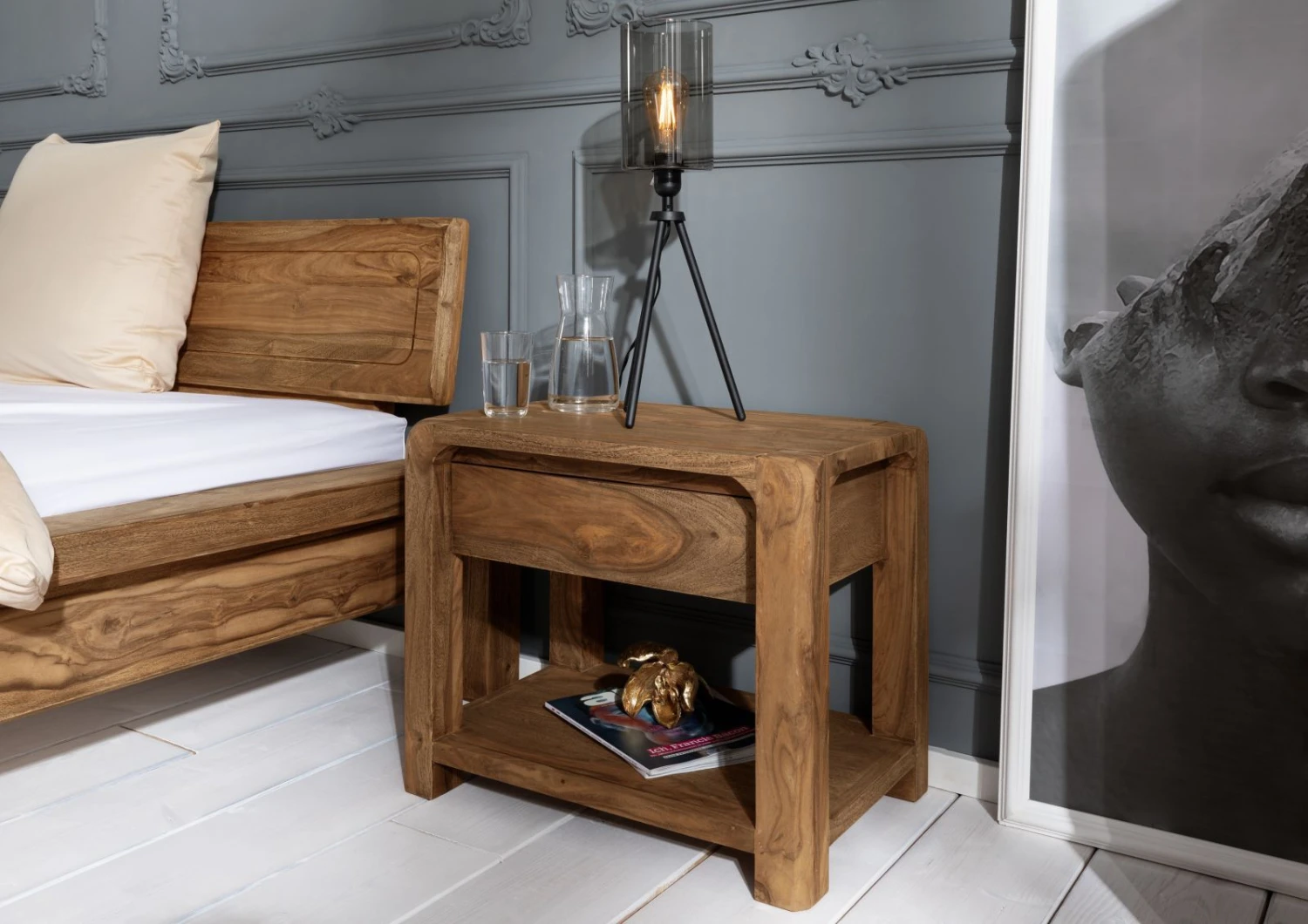 Comodino In Legno Di Sheesham / Palissandro 60x40x50 Marrone Oliato BUENO #005 3 Comodino In Legno Di Sheesham / Palissandro 60x40x50 Marrone Oliato BUENO #005