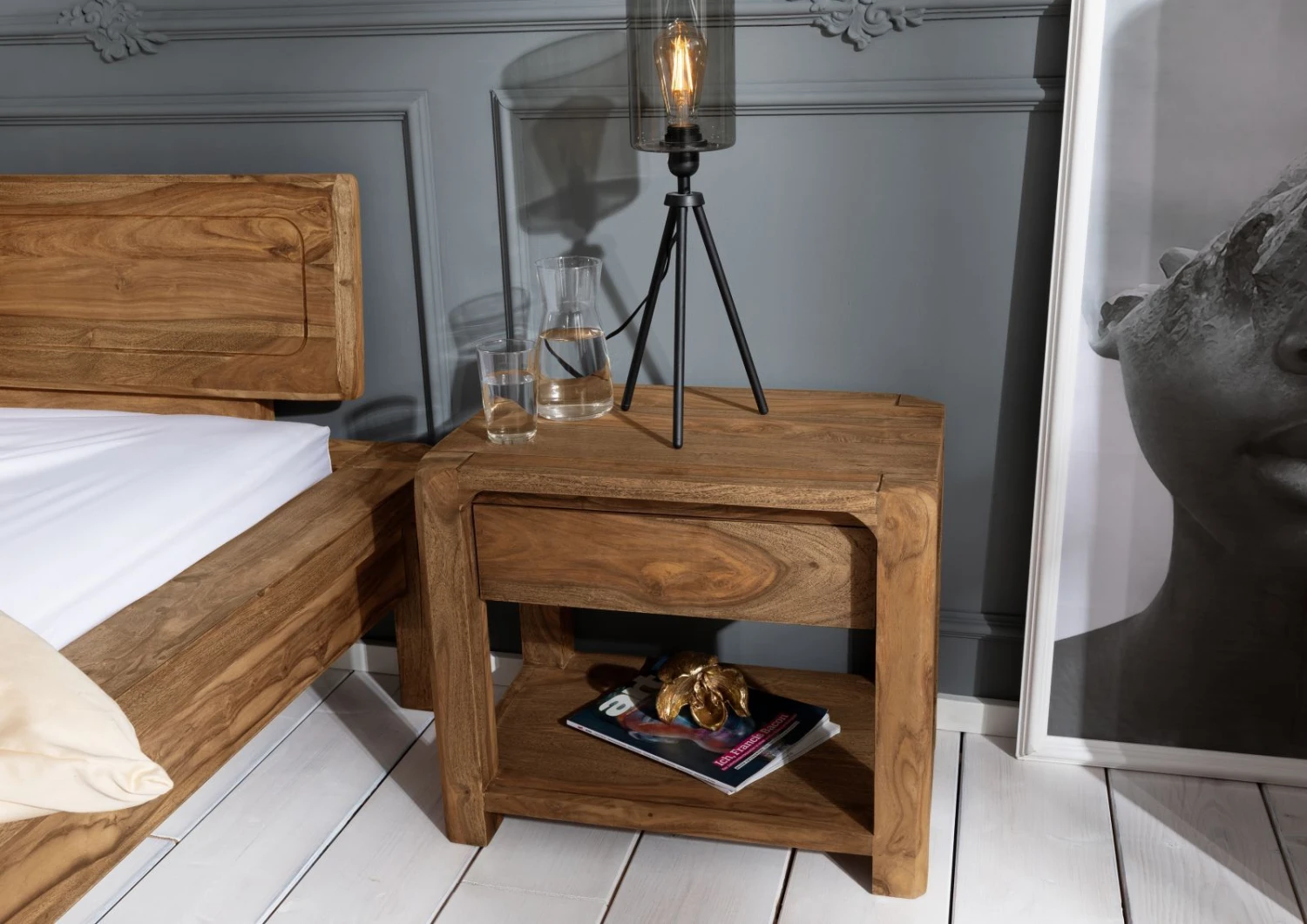 Comodino In Legno Di Sheesham / Palissandro 60x40x50 Marrone Oliato BUENO #005 4 Comodino In Legno Di Sheesham / Palissandro 60x40x50 Marrone Oliato BUENO #005 - immagine 2