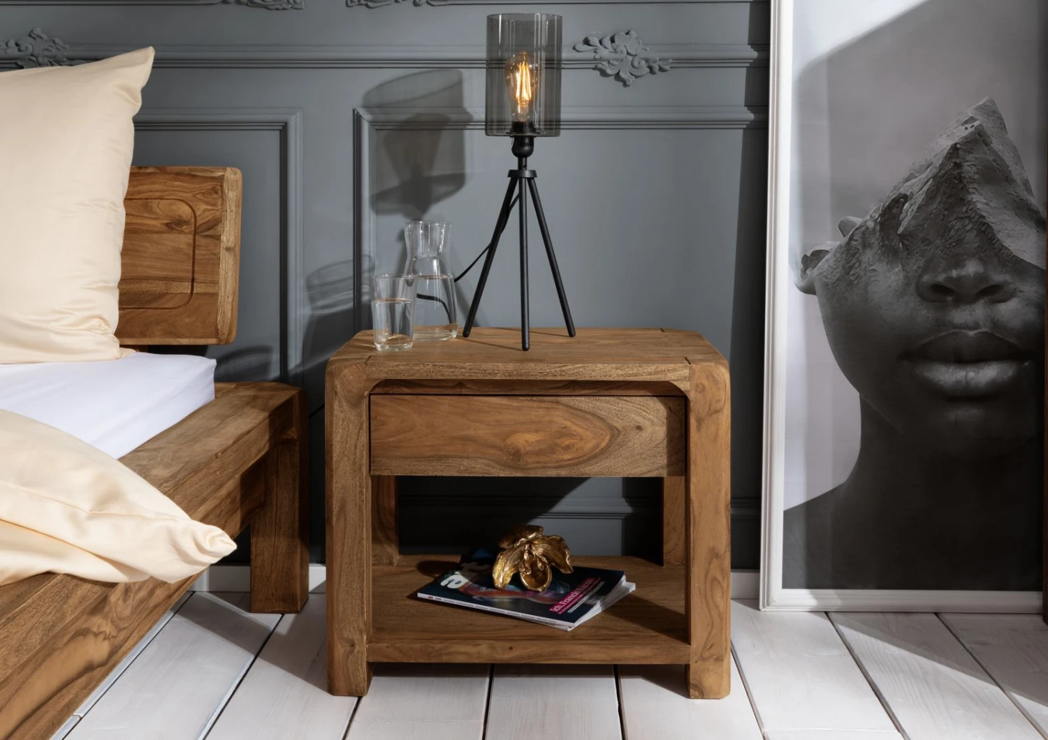 Comodino In Legno Di Sheesham / Palissandro 60x40x50 Marrone Oliato BUENO #005 5 Comodino In Legno Di Sheesham / Palissandro 60x40x50 Marrone Oliato BUENO #005 - immagine 3