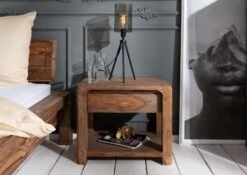 Comodino In Legno Di Sheesham / Palissandro 60x40x50 Grigio Scuro Oliato BUENO -Massivmoebel24 09 681 679 0015 3