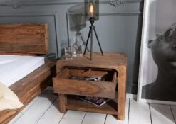 Comodino In Legno Di Sheesham / Palissandro 60x40x50 Grigio Scuro Oliato BUENO -Massivmoebel24 09 681 679 0015 4