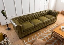 CHESTERFIELD #304 Divano 4 Posti - Vera Pelle / Verde 274x82x75 -Massivmoebel24 09 920 890 3004 3