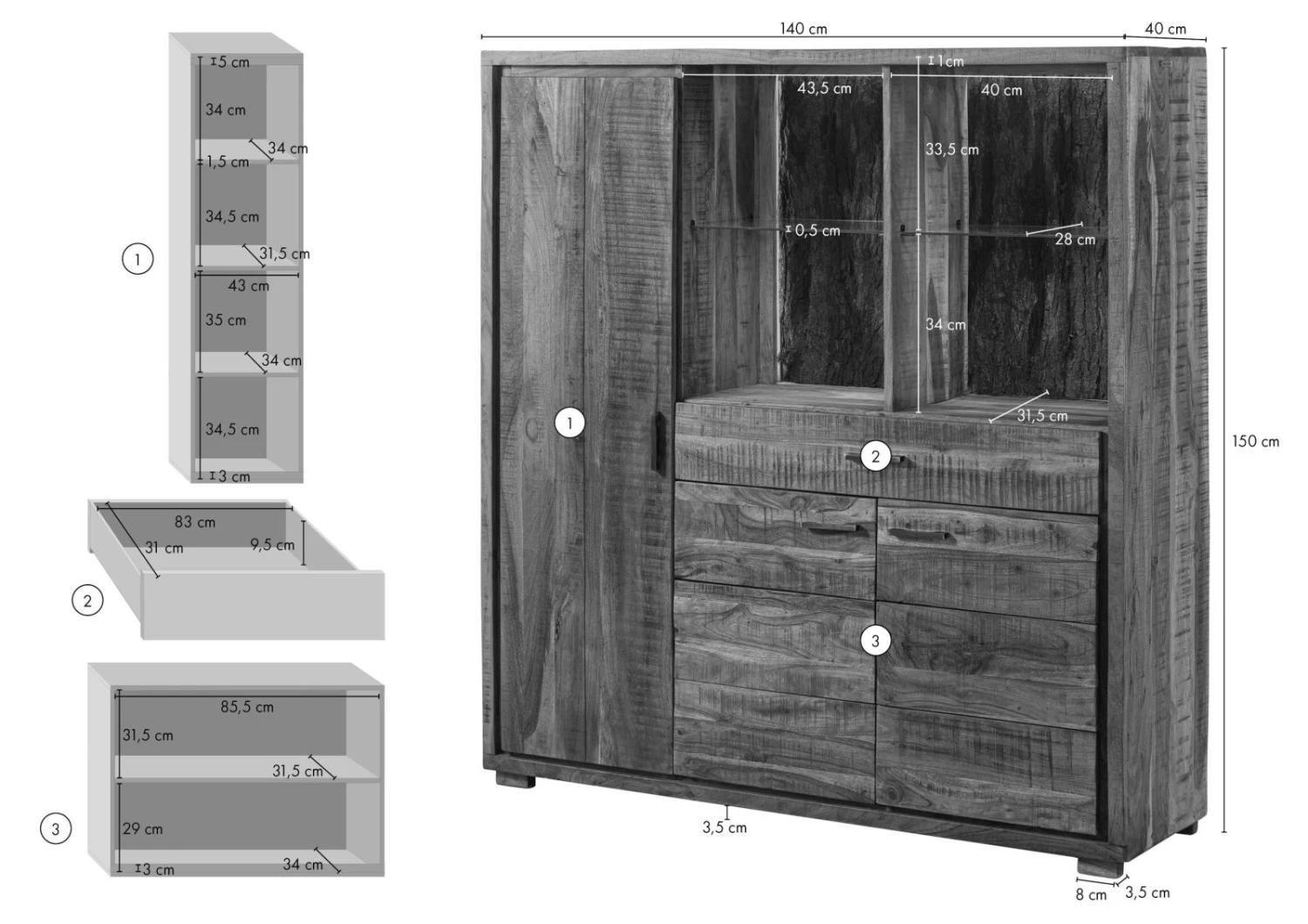 BARK #115 Credenza In Legno Di Acacia - Laccato / Naturale 140x40x150 10 BARK #115 Credenza In Legno Di Acacia - Laccato / Naturale 140x40x150 - immagine 8