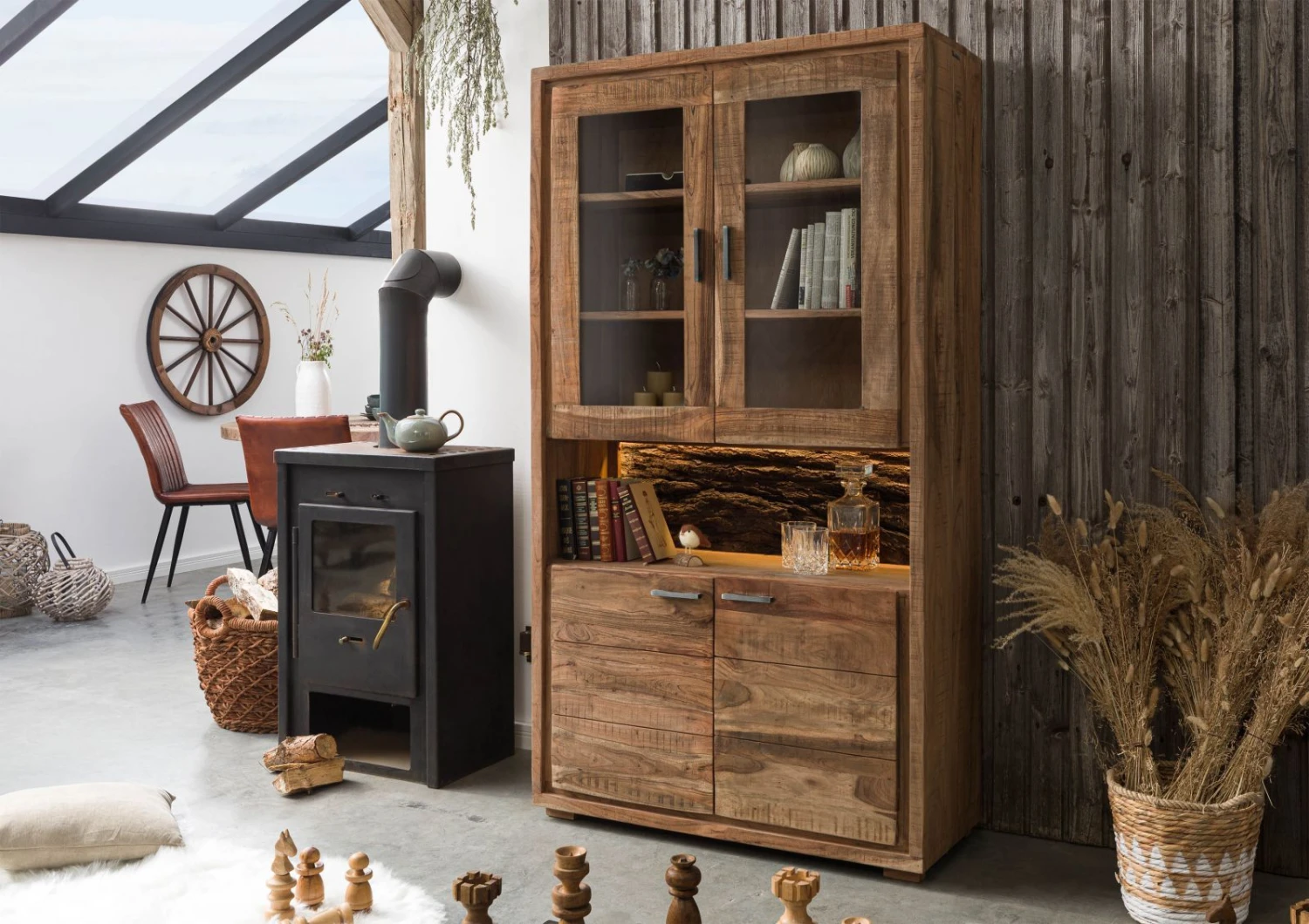 Vetrina In Legno Di Acacia 98x40x180 Acacia Naturale Laccato BARK #109 4 Vetrina In Legno Di Acacia 98x40x180 Acacia Naturale Laccato BARK #109 - immagine 2