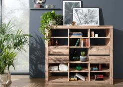 Scaffale In Legno Di Quercia Selvatica/ Cerro 160x36x140 Bianco Oliato MONTREUX #143 -Massivmoebel24 48 350 100 1043 3