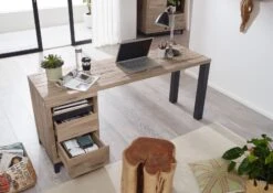 Scrivania In Legno Di Quercia Selvatica 150x55x76 Bianco Oliato VILLANDERS #240 -Massivmoebel24 48 360 200 1040 5