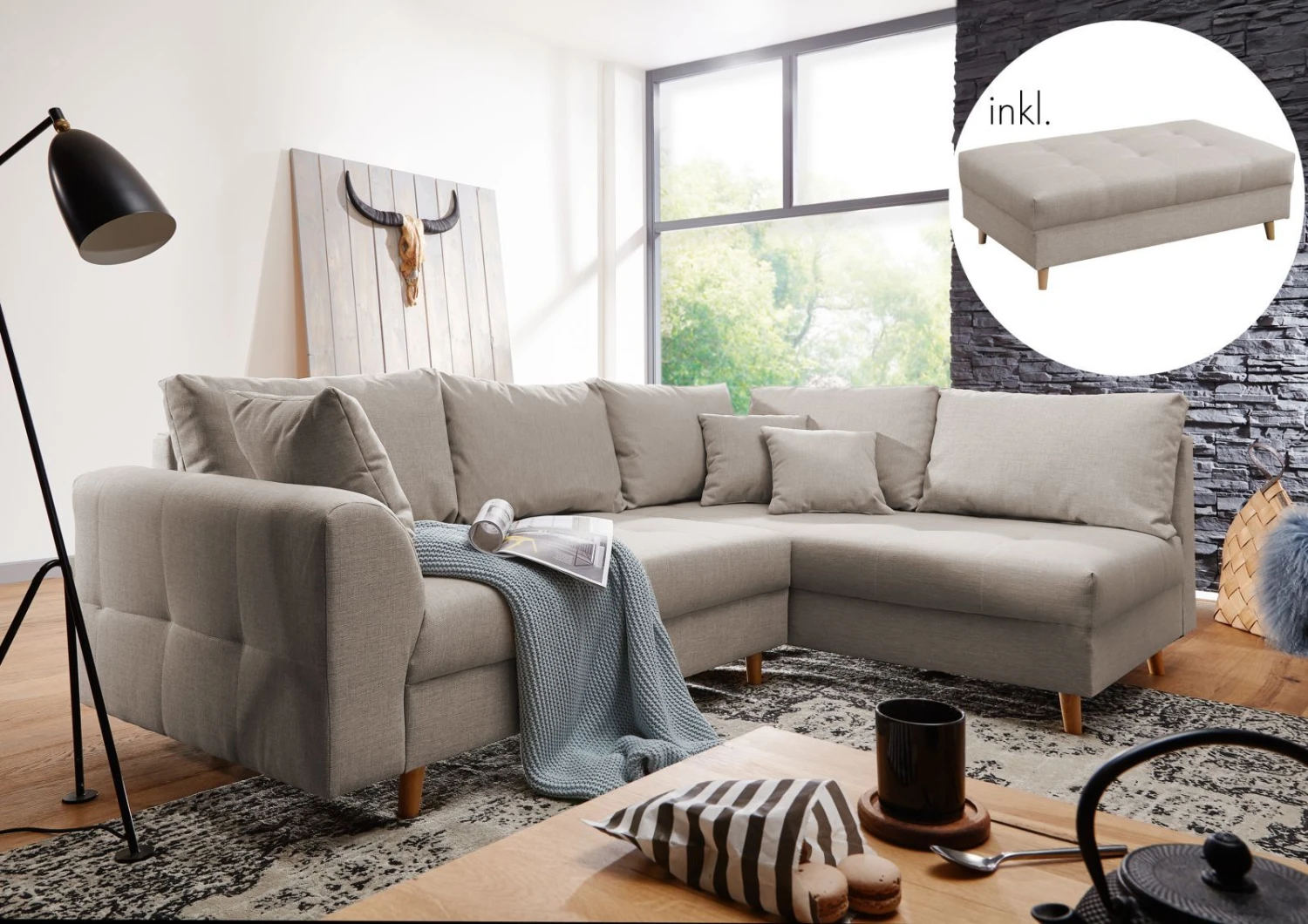 ARIELLA #176 Divano Angolare Con Poggia Piedi - Stoffa / Beige 230x160x88 3 ARIELLA #176 Divano Angolare Con Poggia Piedi - Stoffa / Beige 230x160x88